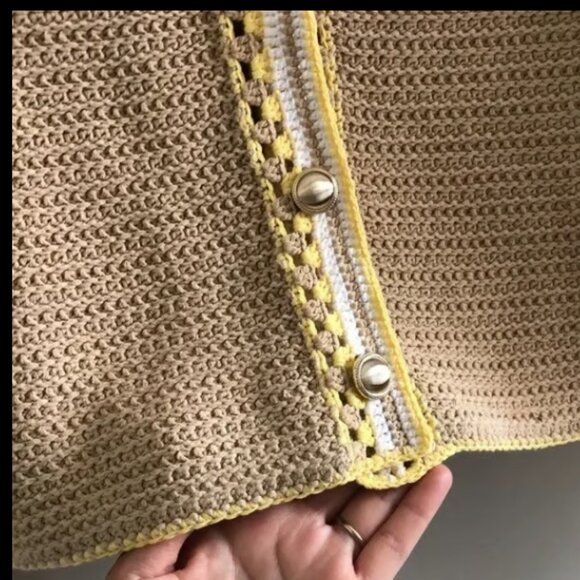 ANN TAYLOR CROTCHET TRIM TAN GOLD BUTTON SWEATER JACKET NWOT $169 L - Picture 5 of 12